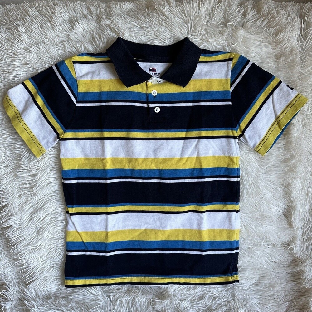 Buggle Boy Est. 1977 Blue Yellow Stripe Button Up Polo Shirt Boys Size 10 - 12